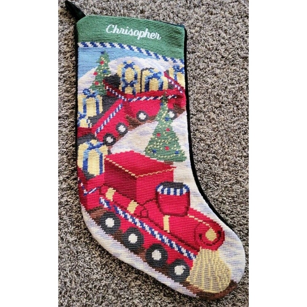 Wool Needlepoint Christmas Stocking Lands' End Train Monogram Chrisopher READ